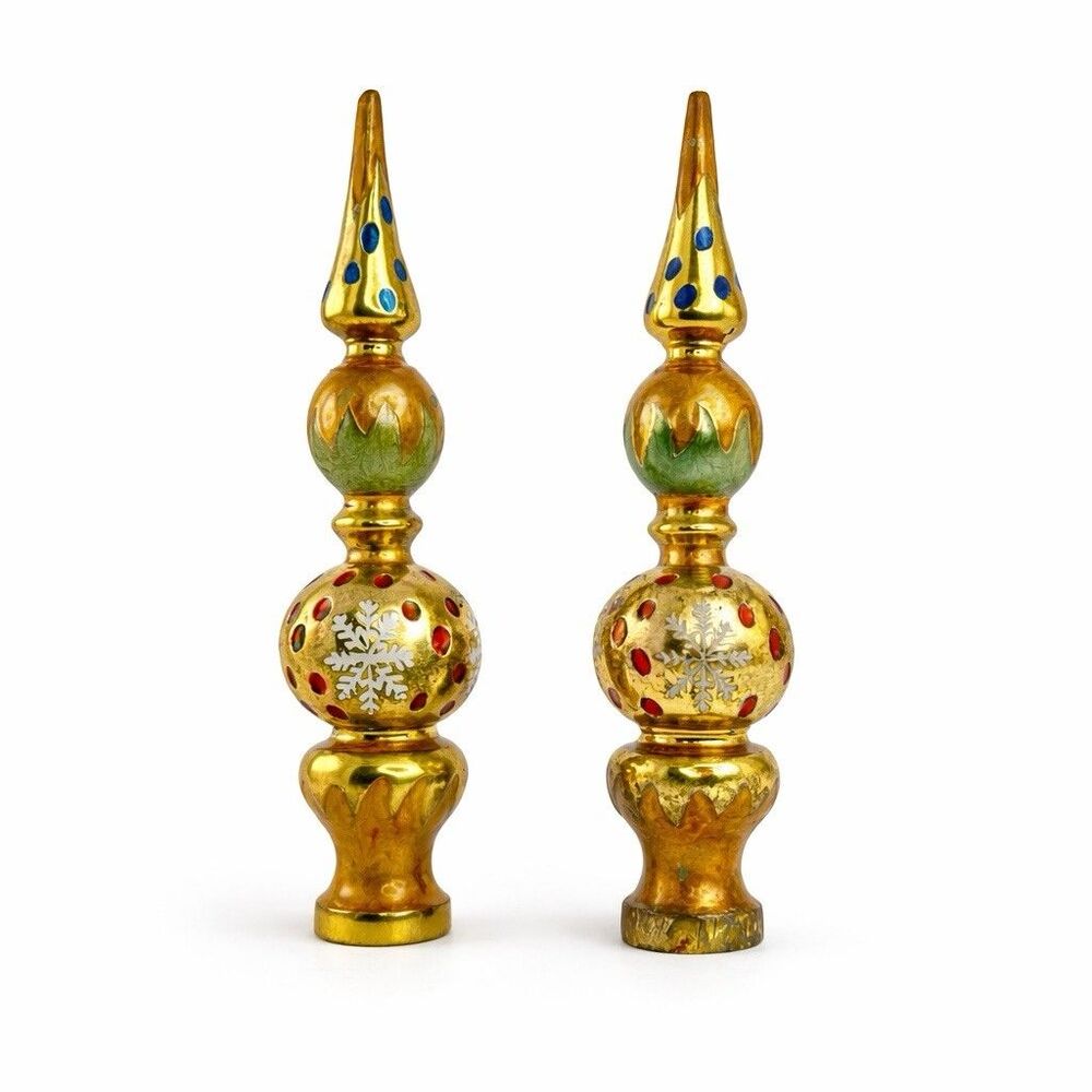 Vintage 10" Solid Brass Decorative Finials Pair - Hand Painted Mid Century